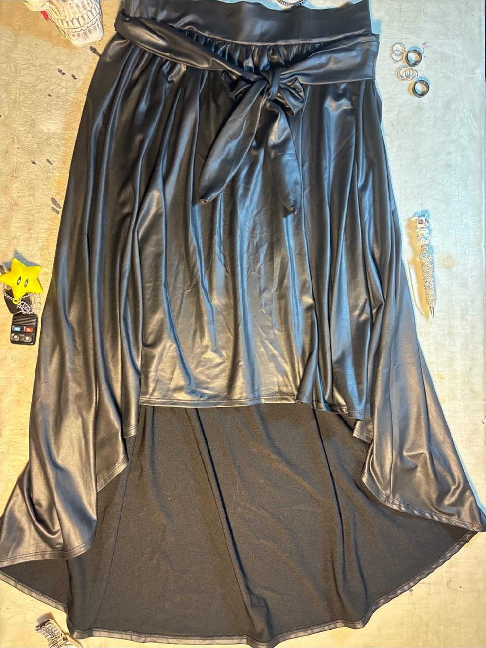 Black Faux Leather High-Low Skirt with Tie Waist